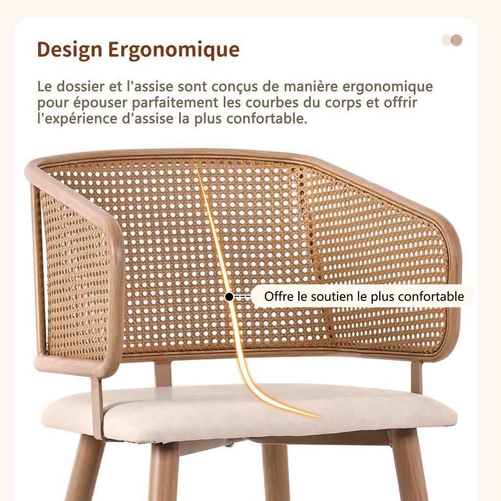 2 Dining Chairs with Rattan Backrest, Seat Cushion PU Leather, Breathable, Modern and Simple Style, Suitable for Restaurants, Living Rooms and Cafés