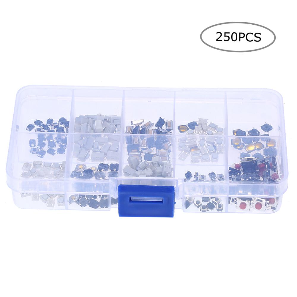 250pcs 10 Value Tactile Push Button Switch Micro Momentary Tact Assortment Kit with Clear Plastic Box Car Remote