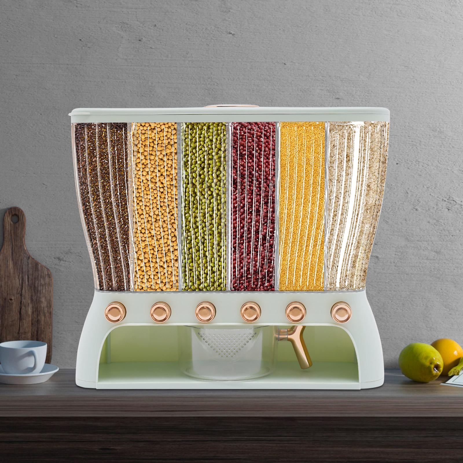 

6-Grid Rice Storage Bin, Light Green Multigrain Container - 10kg Capacity, ABS Material - Dry Food Dispenser & Grain Organizer светло-зеленый