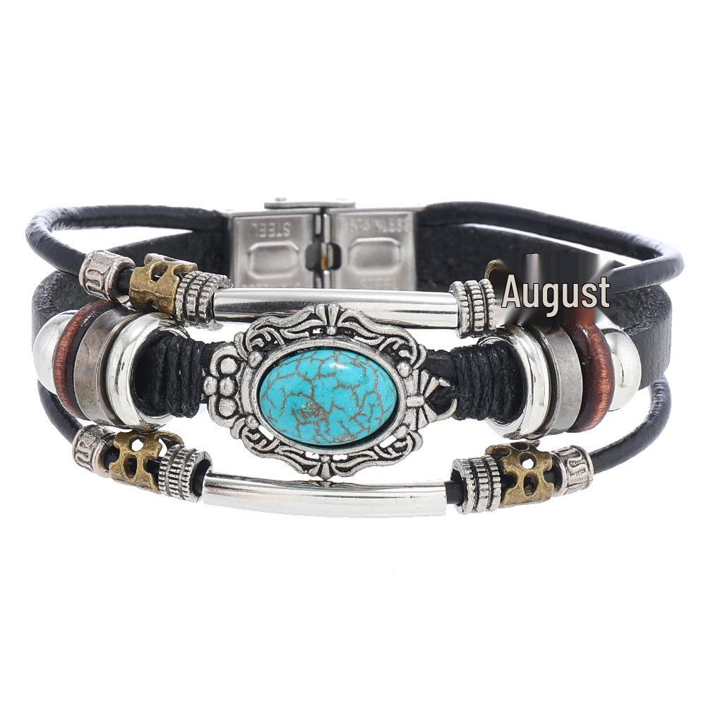 

Мужской богемный кожаный браслет с бирюзовыми бусинами и застежкой из нержавеющей стали чёрный