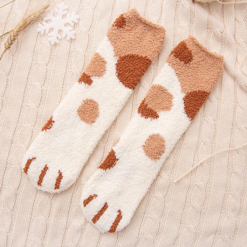 Chaussettes en peluche velours corail pour femmes, automne hiver patte de chat, jolies chaussettes de sol épaisses et chaudes