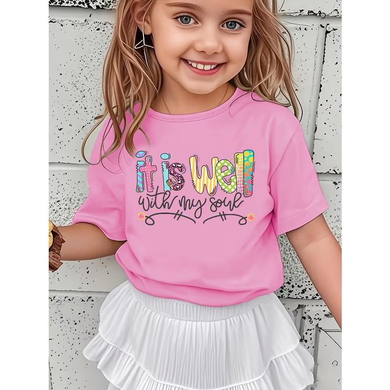 

European sizes Girls IT IS WELL with MY SOME Letter Print Fashion Trendy Round Neck T-Shirt 164cm рожевий