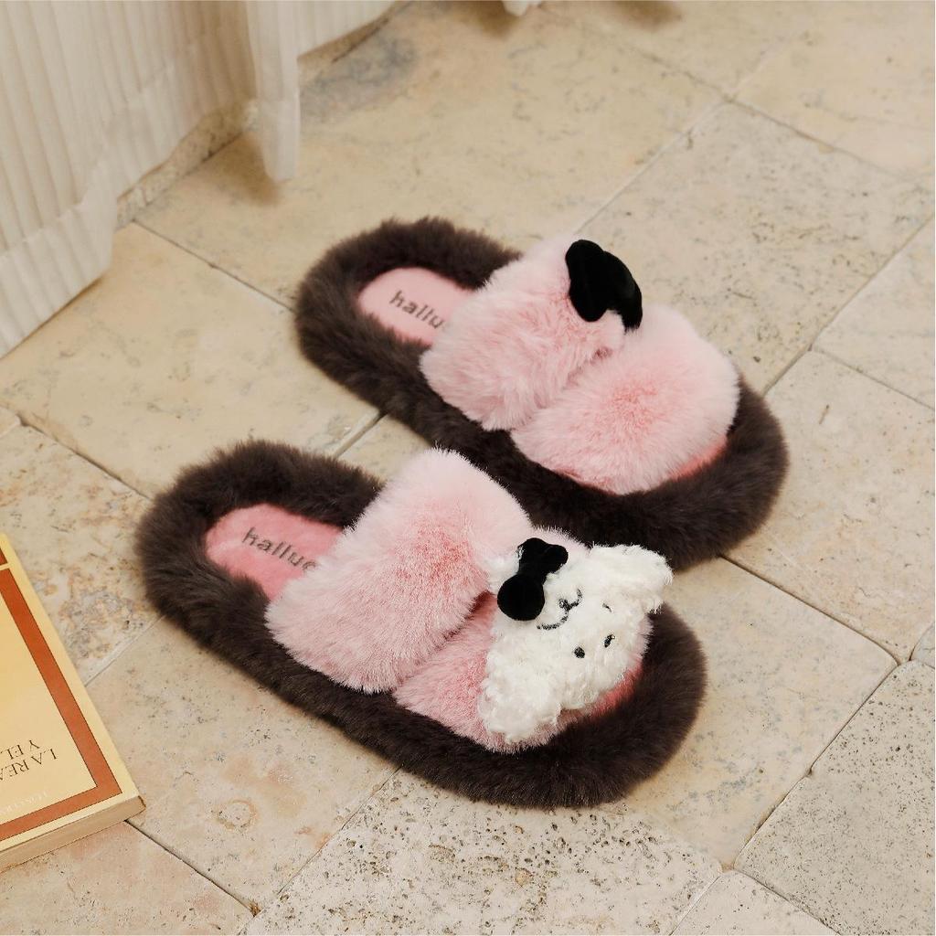 Zimní dámské plyšové pantofle s mašlí, protiskluzové