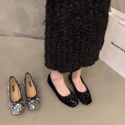 Temperamentvolle silberne Pailletten-Einzelschuhe mit flachem Boden, Feenschuhe 2024 neu Frühling, Herbst und Winter Französische schwarze sanfte Abendschuhe