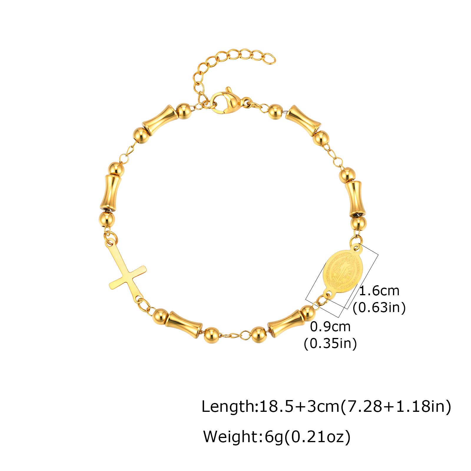 Saint Benedict Rosary Bracelet Bamboo Bead Design 18K Gold Plated Stainless Steel Cross Adjustable Catholic Jewelry