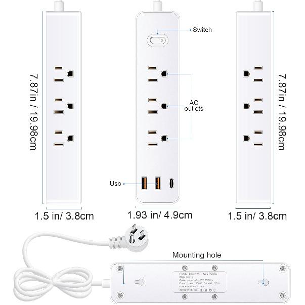 10FT Power Strip Surge Protector, 12-in-1 Power Bar with Multiple Outlets, 9 Outlet 3 USB Ports, Flat Plug Power Strip Surge Protector, Multi Outlet