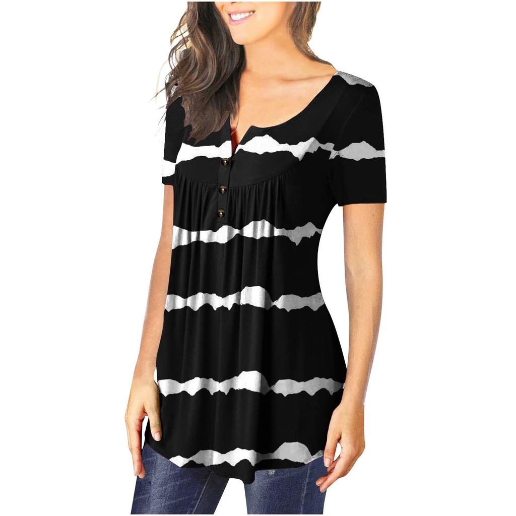 Women's V-neck Floral Print Button Flower Short Sleeve T-shirt Top