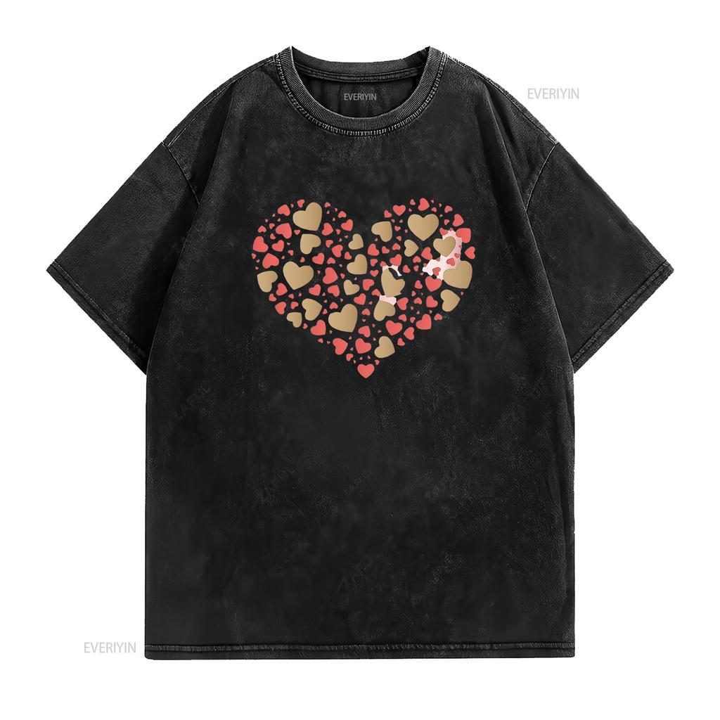 Autumn And Winter Round Neck d Pullover Solid Color Love Print Sweats Women Petite T Shirt Black vintage Washed Stretched