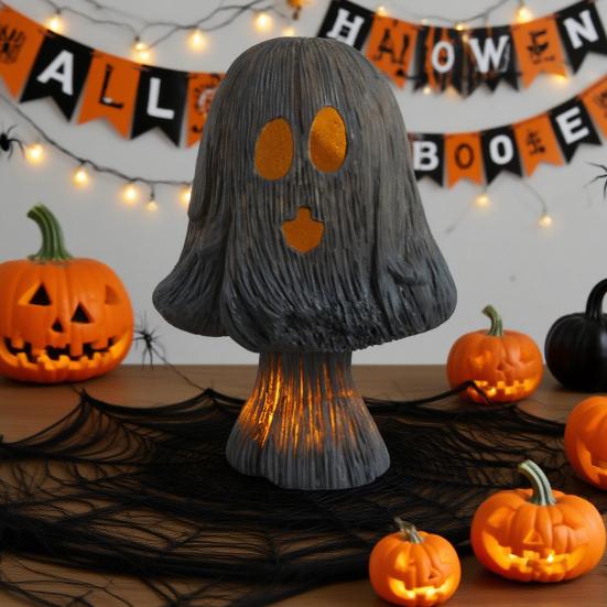 Halloween Mushroom Light Spooky Ghost Mushroom Night Light Resin Table Lamp with Warm Light for Home Mantel Shelf Tabletop Indoor Decor