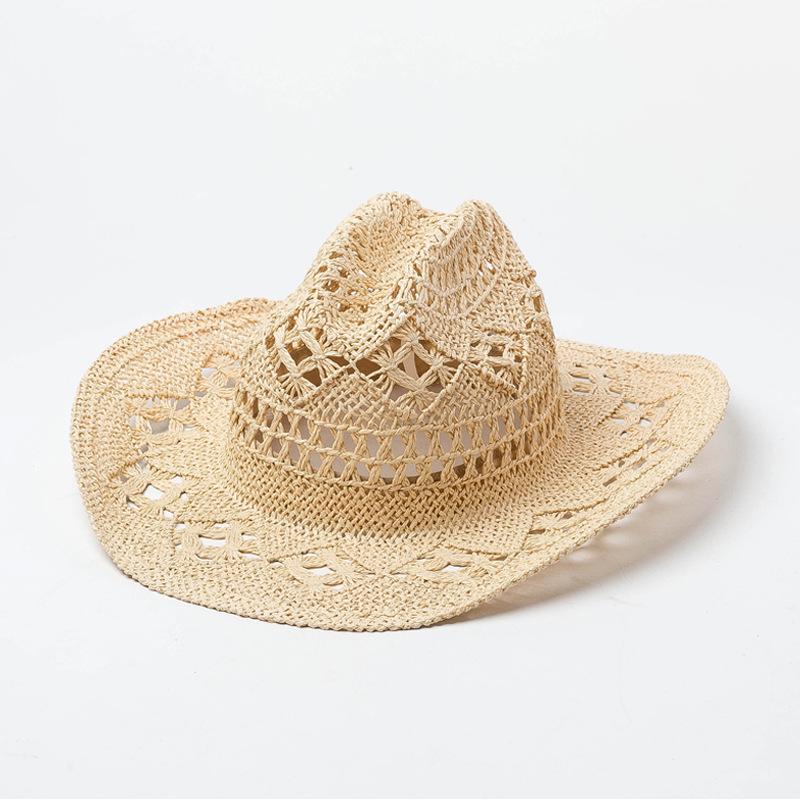 2023 New Fashion Casual Hollowed Out Hand Braided Bow Webbing Cowboy Straw Hat Outdoor Travel Sun Protection Sunshade Straw Hat