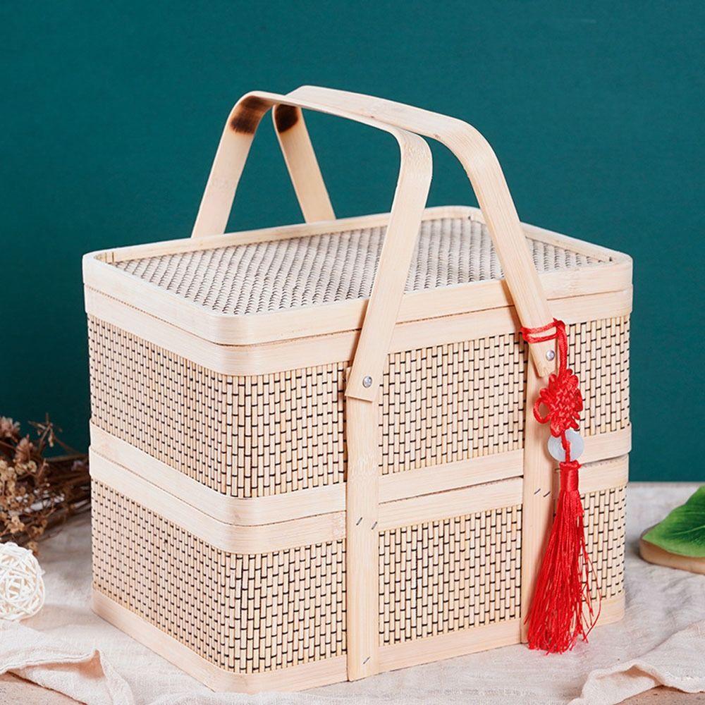 Double-Layer Egg Storage Basket Natural Moon Cake Basket Bamboo Basket  Home Decor