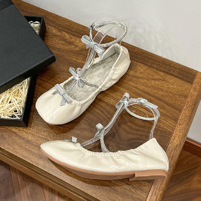 Fashion Spring 2025 New French Retro Heavy Industry Water Diamond Bow Shallow Toe Flat Ballet Single Shoe for Women Mary Jane
