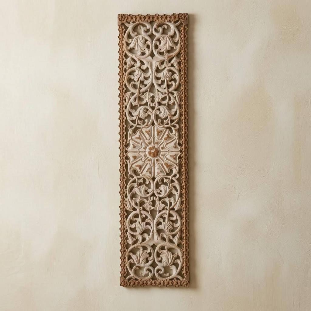 Floral Scroll Wall Plaque Medallion Design Vintage Wooden Decor Beige Brown