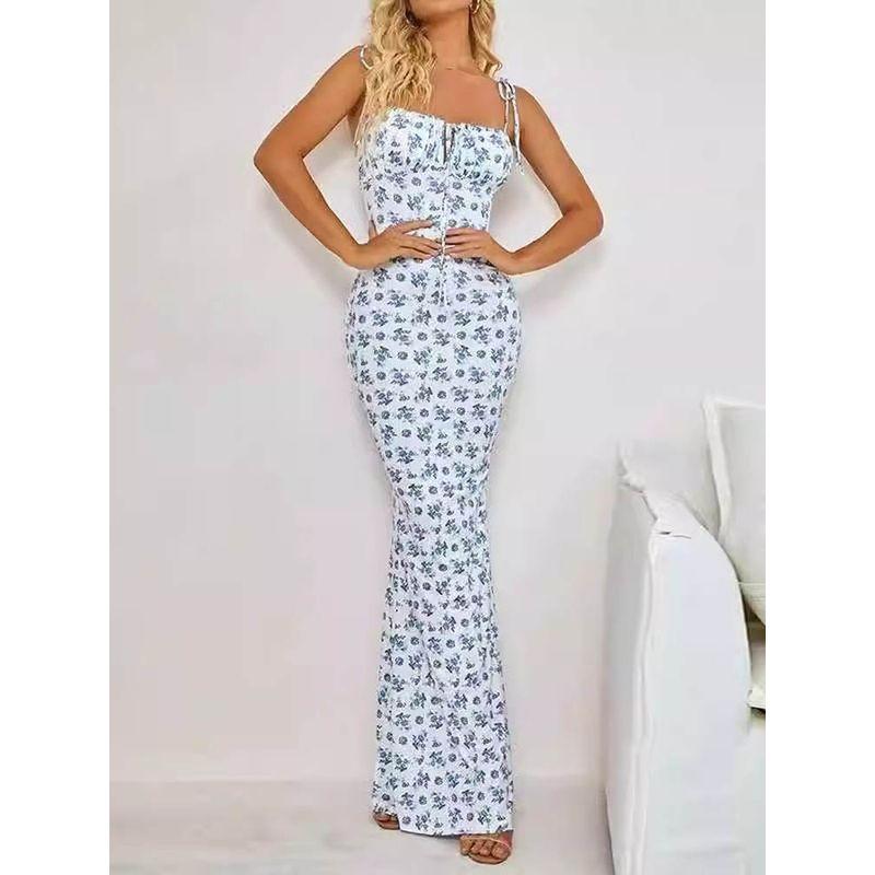 Export Pure Desire Exquisite Print Spaghetti Straps Slimming Adult Lady Like Woman Fishtail Stylish Fashion Sexy Banquet Tied Dress