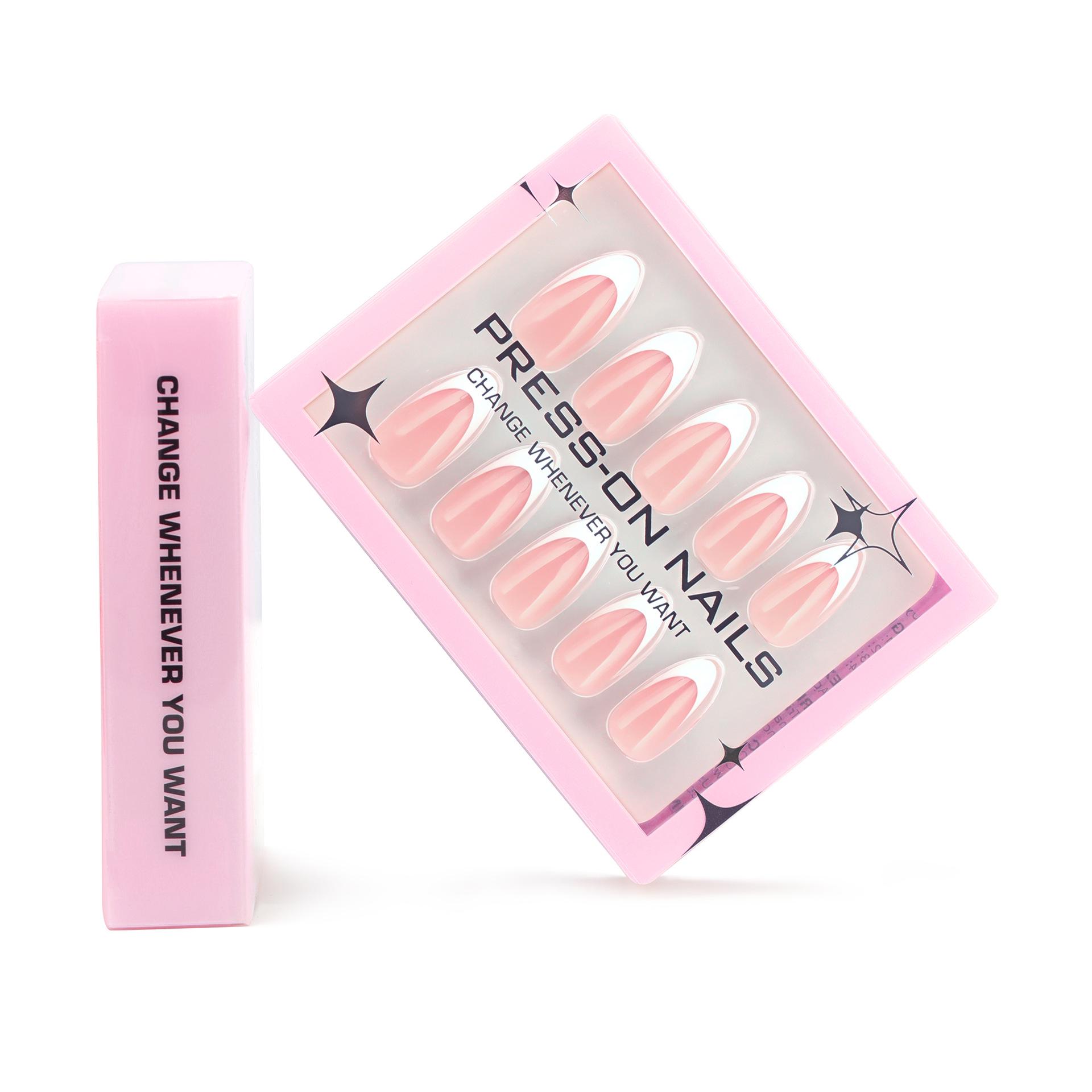 30-Piece Pink French White-Edge Wearable High-End Boxed Short Almond Nail Set