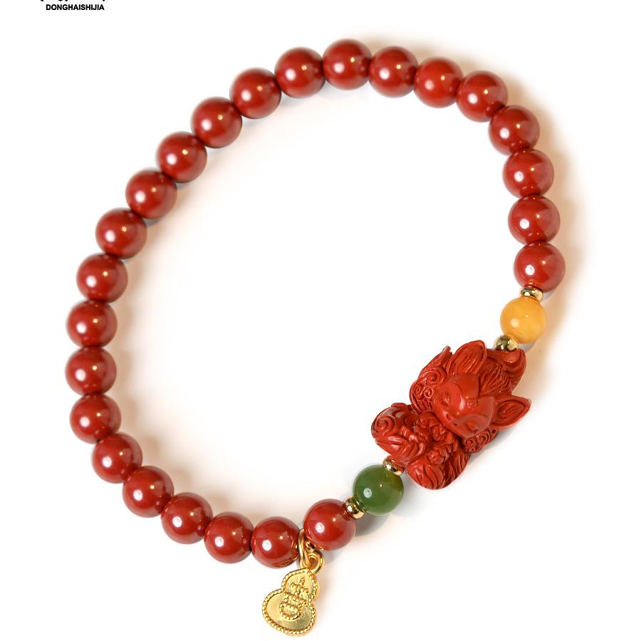 Zinnober Neunschwanzfuchs Anhänger Armband mit Bernstein, Hetian-Jade & Jaspis Perlen für Damen & Herren