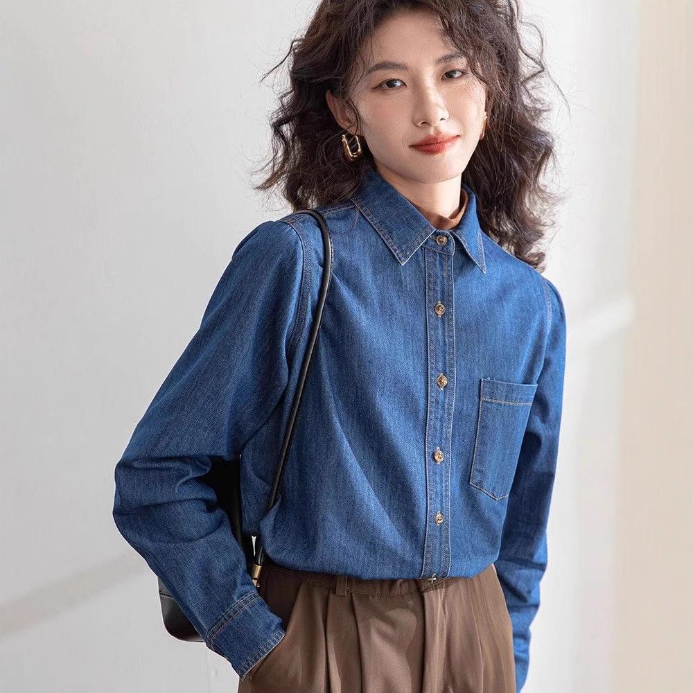Women's Long Sleeve Denim Shirt Polo Neck Elegant Casual Blouse Solid Color Pocket Design Vintage Layering Top
