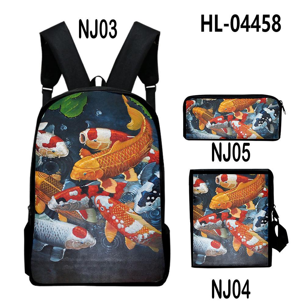 Classic Novelty Cool Koi Carp 3D Print 3pcs/Set Pupil School Bags Laptop Daypack Backpack Inclined Shoulder Bag Pencil Case