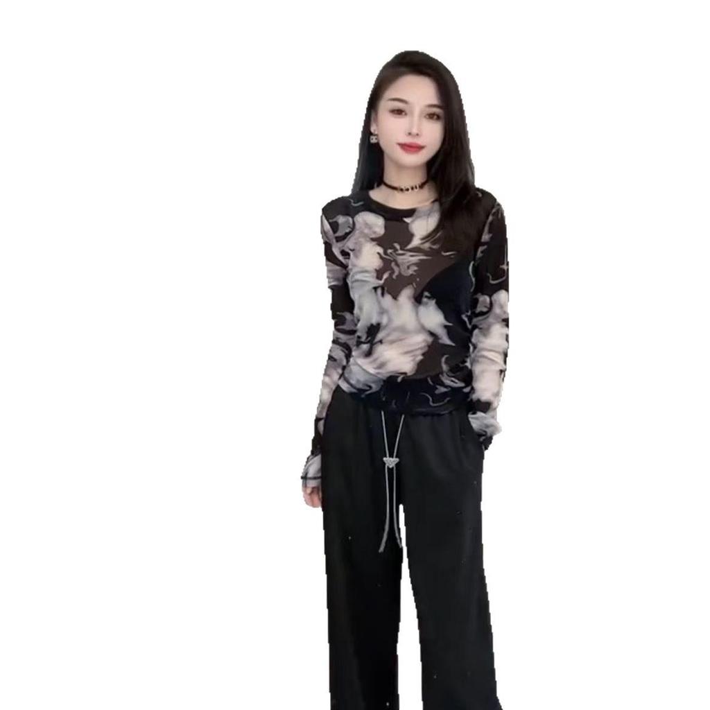 European Mesh Ink Print Slim Long-Sleeve Women's Shirt - Retro, Versatile, Fashionable, for Spring & Autumn