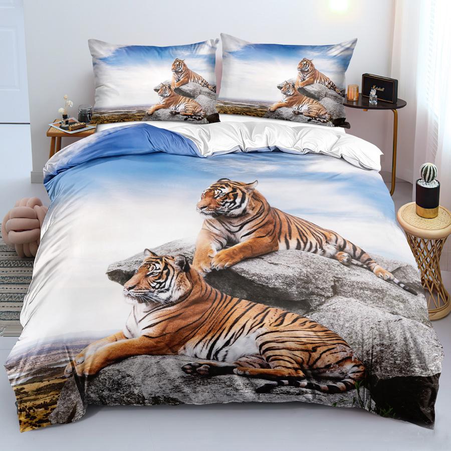 Lion Tiger King Queen Duvet Cover Lovely Wild Animals Bedding Set For Kids Teens Adults Wildlife Grey Black 2/3pcs Quilt Cover