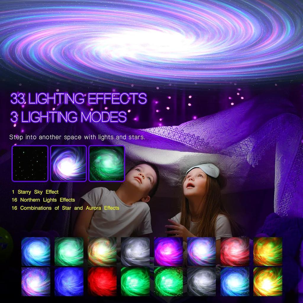 Northern Galaxy Light Aurora Projector with 33 Light Effects, Night Lights LED Star Projector for Bedroom Nebula Lamp, Remote Control, White Noises,