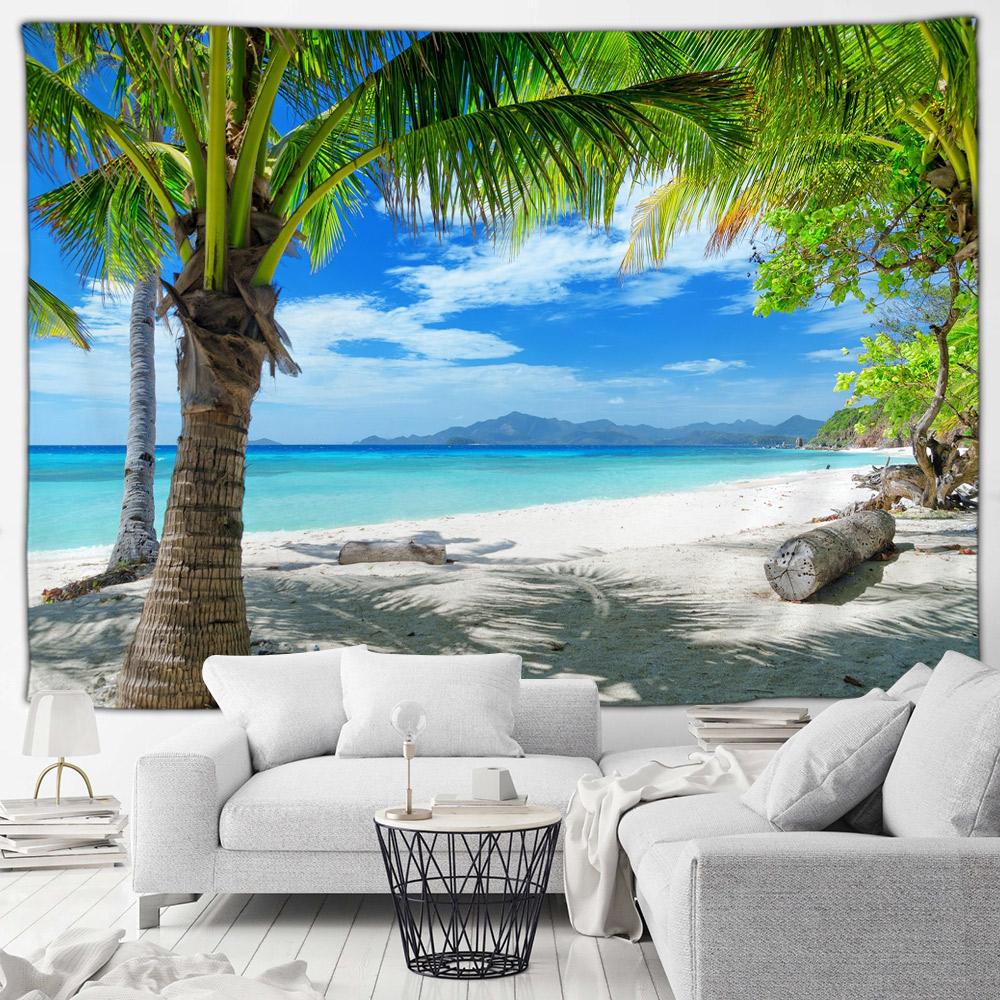 Seaside Beach Tapestry Island Coconut Tree Sunbed Hawaii Ocean Landscape Fabric Home Living Room Garden Decoration Wall Hanging