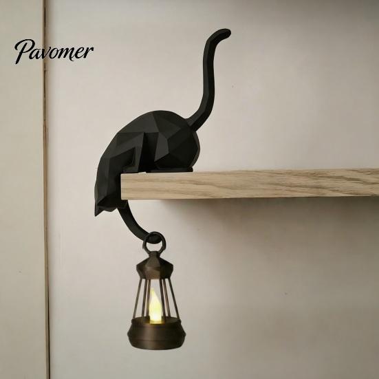 Modern Entryway Decor Cat Hook with Lantern, 3D Printed LED Light Decorative Handmade Craft Wall Hook, Creative Shelf for Bookshelf Desk And