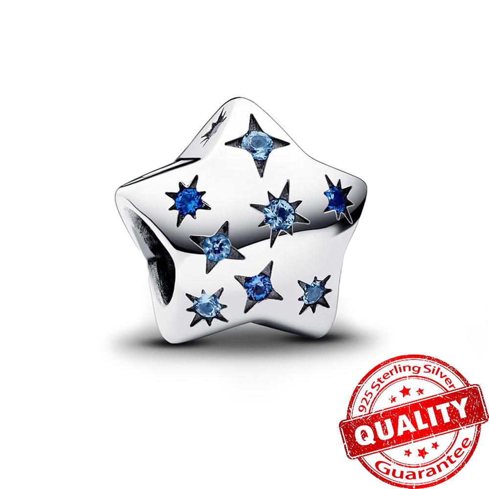 Sparkling Copper Starry Blue Beads & Moon Dangle Charm Fit Original Bracelet Diy Cultural Jewelry Gift