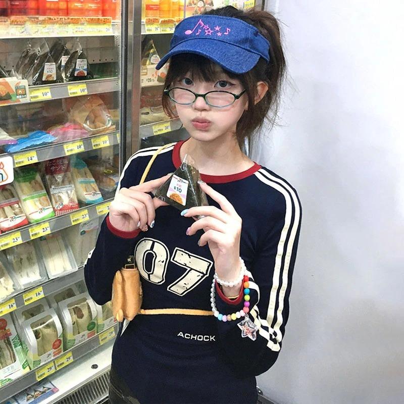 

Японская футболка Y2k с принтом букв, винтажная футболка-джерси с длинным рукавом в стиле Харадзюку, американская ретро-уличная одежда 2000-х годов XL темно-синий