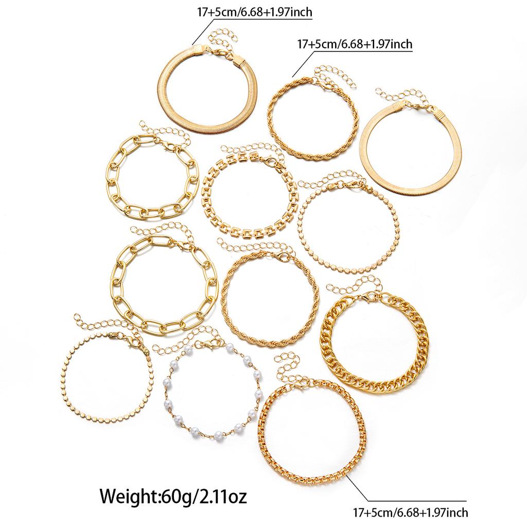 12 Piece Fashionable Simple Chain Design Multi-layer Overlapping Snake Bone Chain Fried Dough Twists Braid Women's Bracelet