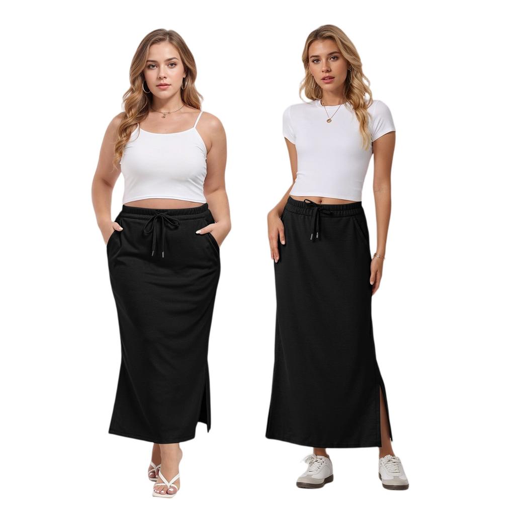 Womens Casual Maxi Skirts  High Waist Trendy Drawstring Side Slit Skirts With Pockets