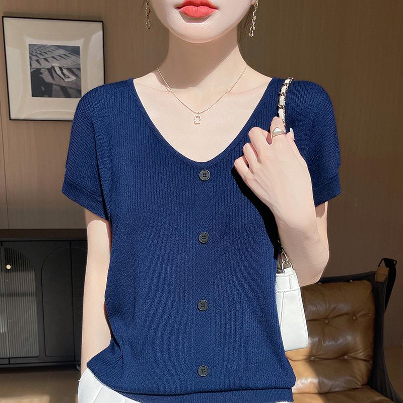 

Plus Size Women s Short Sleeve V-neck T-shirt - Korean Style Spring/Summer Solid Color Slim Fit Top XL темно-синього кольору