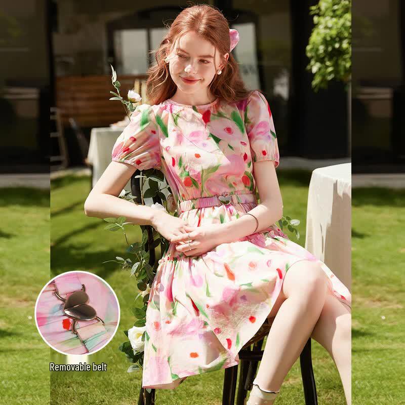 White Deer Language Floral Print Short-Sleeve Midi Dress L