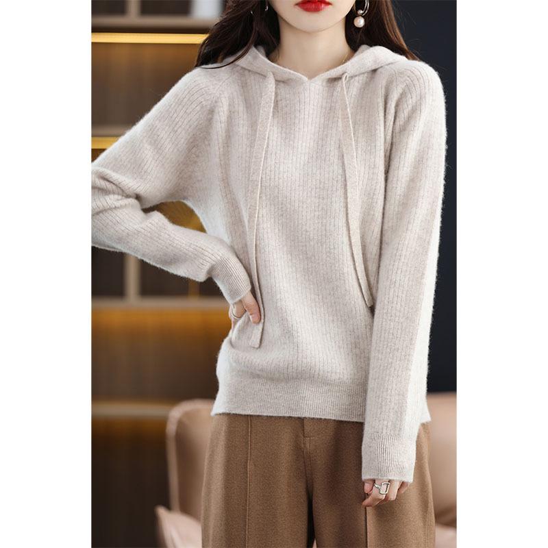 Women's 100% Cashmere Wool Hooded Sweater: Cozy Autumn/Winter Knitwear with Large Hood, Plus Size Options Available.