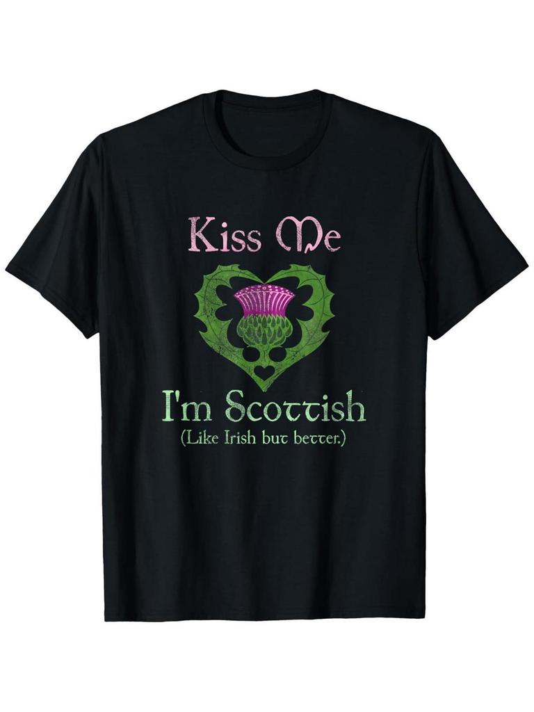 Kiss Me I'm Scottish Thistle Graphic T-Shirt Men's Casual Crew Neck Cotton Tee St Patrick Day Gift