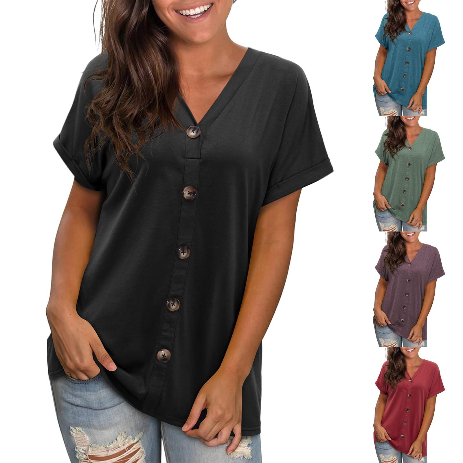 

Women s Fashion Solid Color V-Neck Button Loose Short Sleeve T-Shirt Top