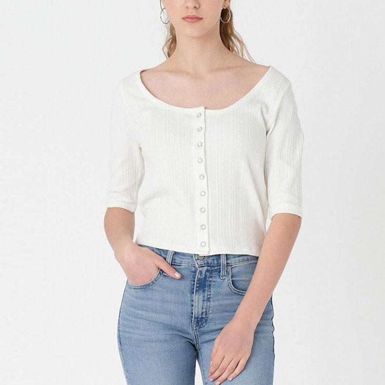 Levis Solid Color Round Neck Short Sleeve Knitted Cardigan Women Cardigans White A4769-0001