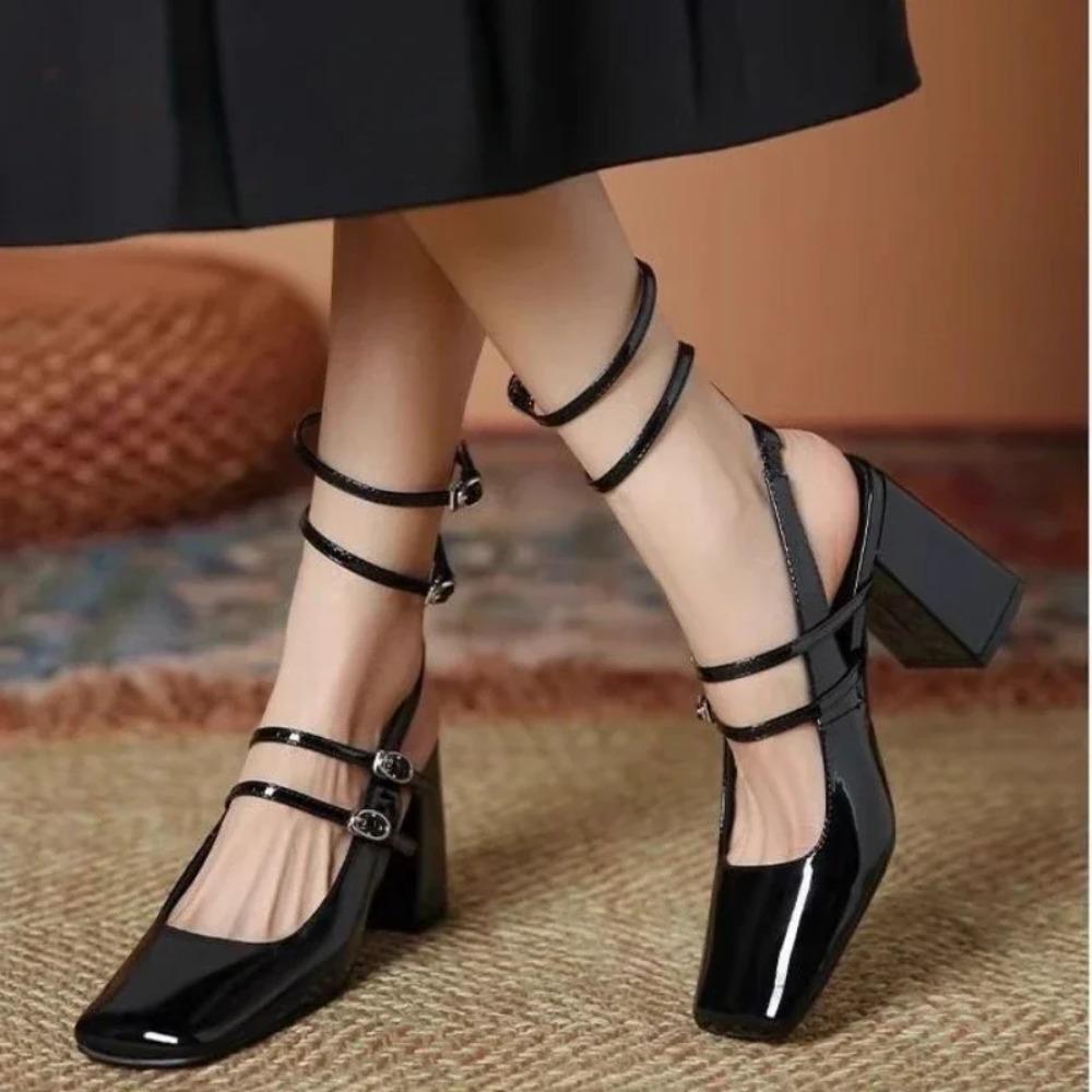 Women Ankle Belt Buckle Chunky Slingback Shoes Female Women Fashion Square Toe Sandals Women Pumps