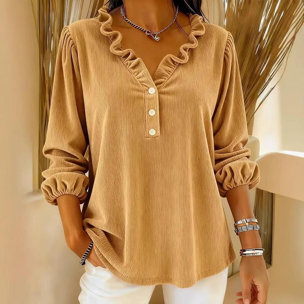 Women's Corduroy Ruffle Collar V-Neck Long Sleeve Top
