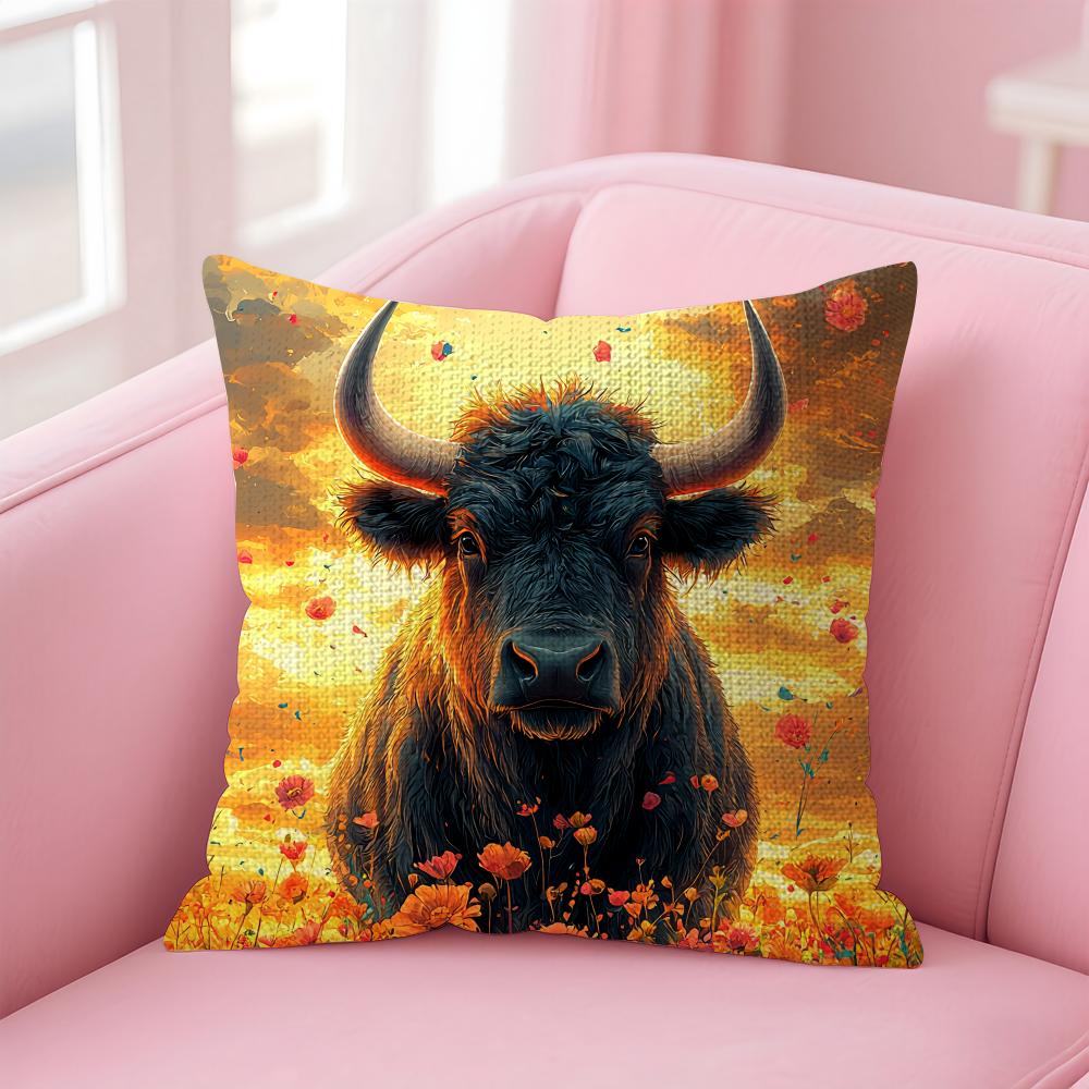 Highland Cow Pattern Cushion Cover Natural Linen Pillow Case DoubleSided Print Decorative Sofa Pillowcase Home Decor Gift