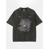 European Sizes Men's Washed T-Shirt, High Quality Wax Printed Retro Short Sleeve Shirt, Crew Neck, Low Shoulder Sleeves, Suitable for Outdoor Wear