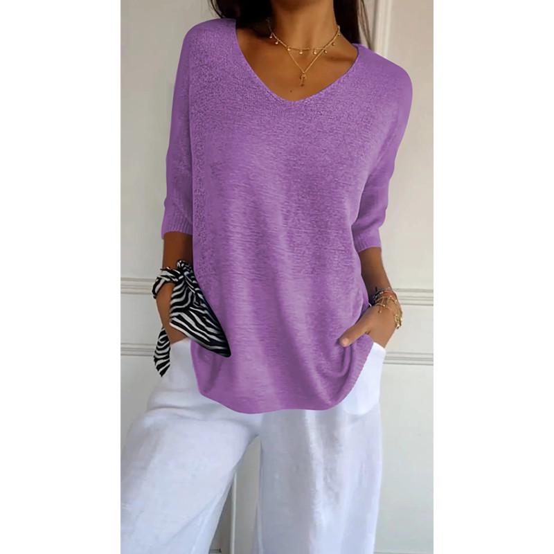 Women's European & American V-Neck Knit Sweaters, Slim Fit, Solid Color, 3/4 Sleeves, Casual Style