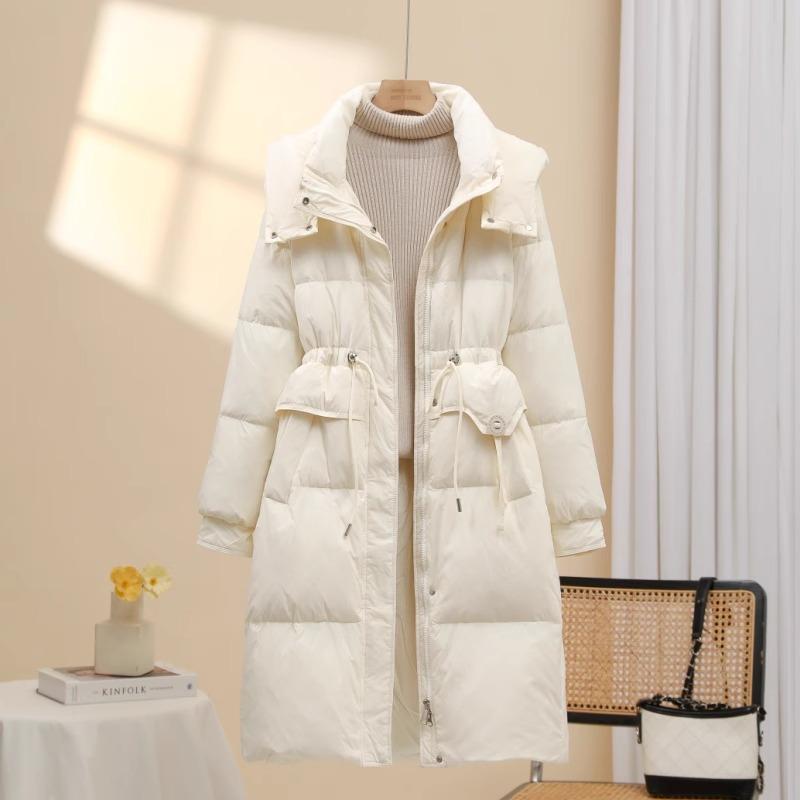 2025 Winter New Down Jacket Women's Medium and Long Over-knee Thickened Hooded Skinny Waist White Duck Down Jacket