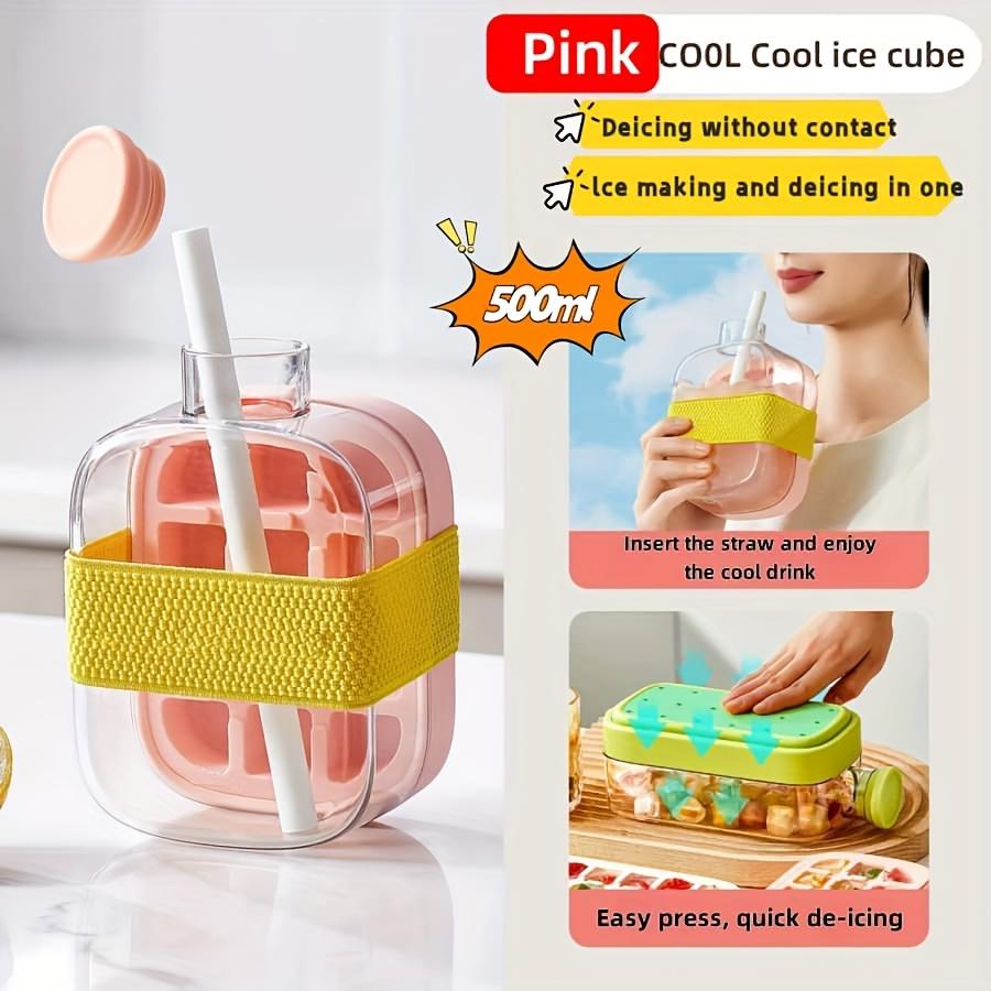 

Dual-purpose Ice Cube Tray Water Bottle with Lid & Straw-Touchless Ice Cube Mold Tray Maker for Summer Outdoor Refreshing Drinks