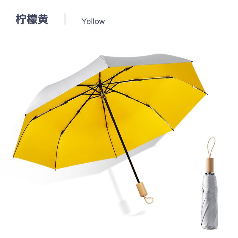 Solid color wooden handle three-fold umbrella wholesale 8-bone silver glue sun protection and UV protection folding umbrella manual umbrella
