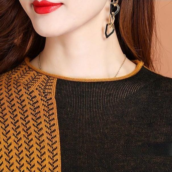 Women's Crew Neck Plus Size Knit Dress Autumn and Winter Color-Block Pullover Sweater Dress Over-the-Knee Mid-Length Knit Sweater