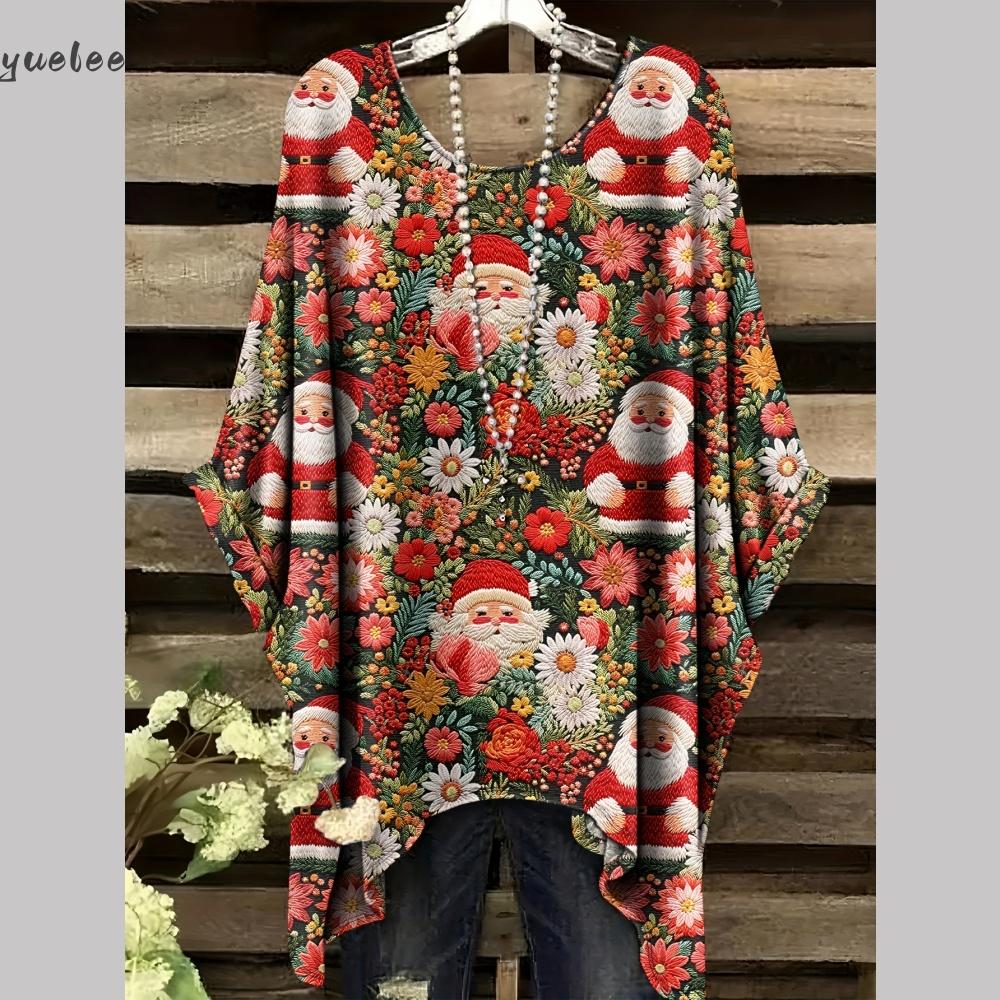 Świąteczny damski T-shirt z nadrukiem 3D, bluzki z nieregularnym dołem, T-shirt z okrągłym dekoltem dla kobiet, vintage, na co dzień