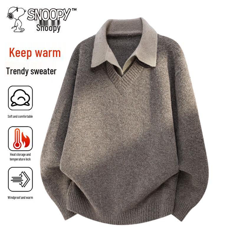 Snoopy Men's Faux Two-Piece Lapel Knit Sweater