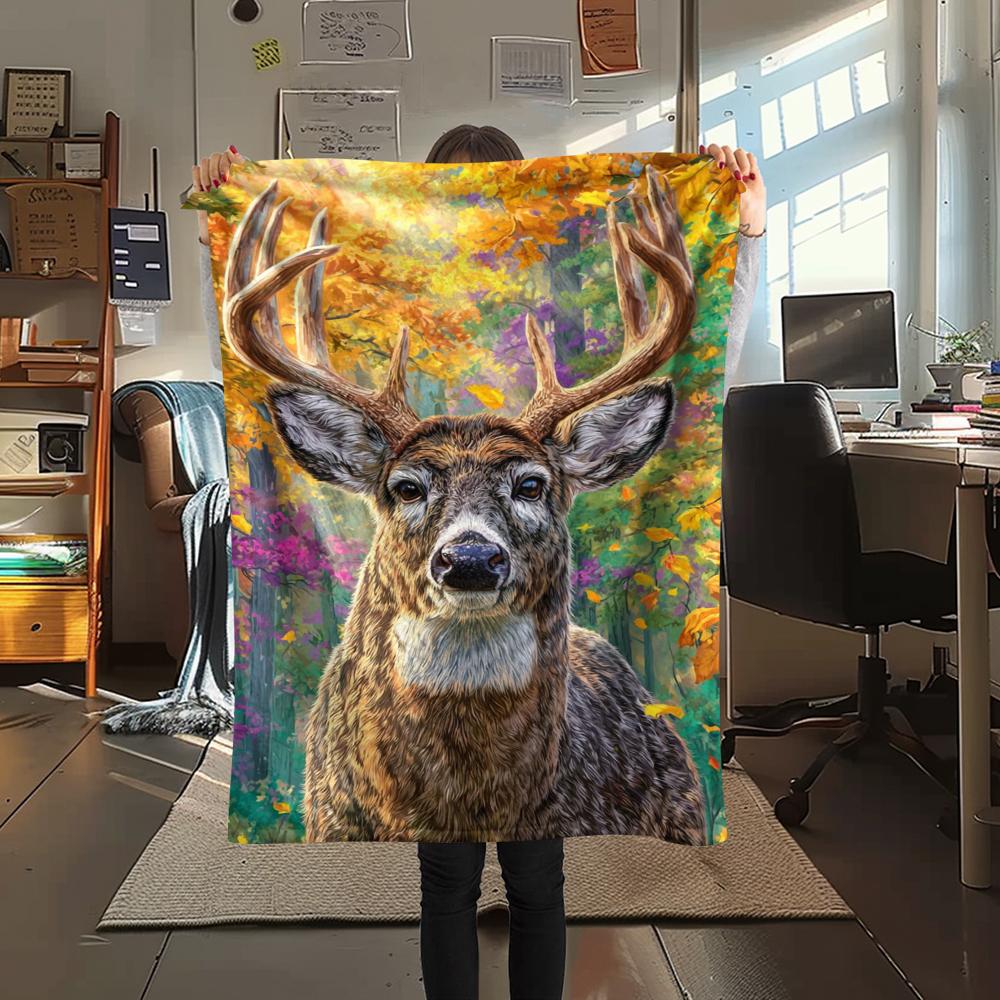 1Pc Deer in Forest Print Flannel Blanket, High quality Comfortable for All Seasons, Home Decor, Warmth and Comfort, Perfect for Gifts