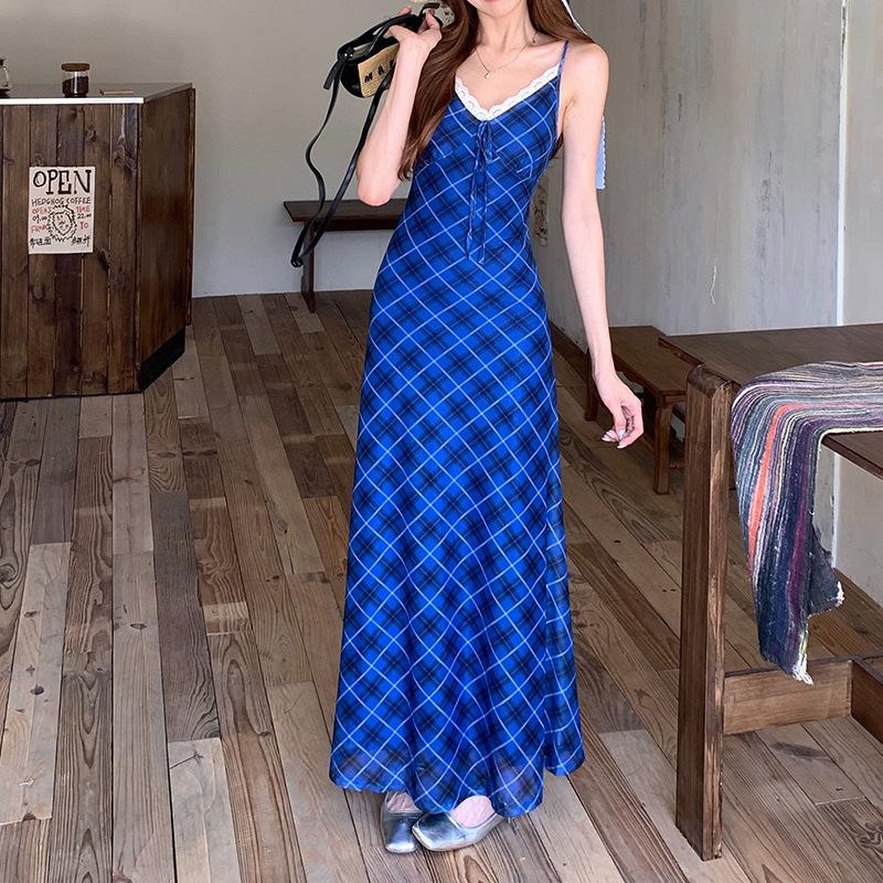 French Retro Plaid Suspender Dress Summer New Fashion Spice Girl Style Design Sense Slim Dress Women